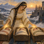 Anahit blessing three newborn children, with the Armenian gods gathered at a heavenly palace in the distance.