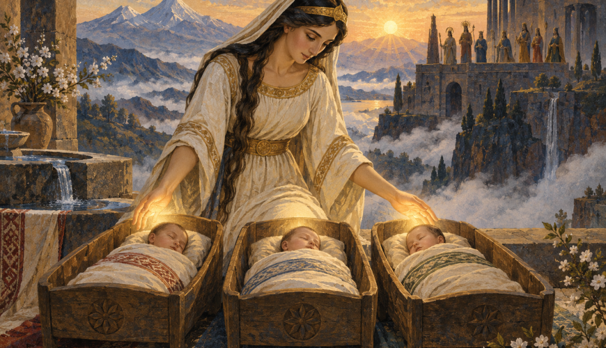 Anahit blessing three newborn children, with the Armenian gods gathered at a heavenly palace in the distance.