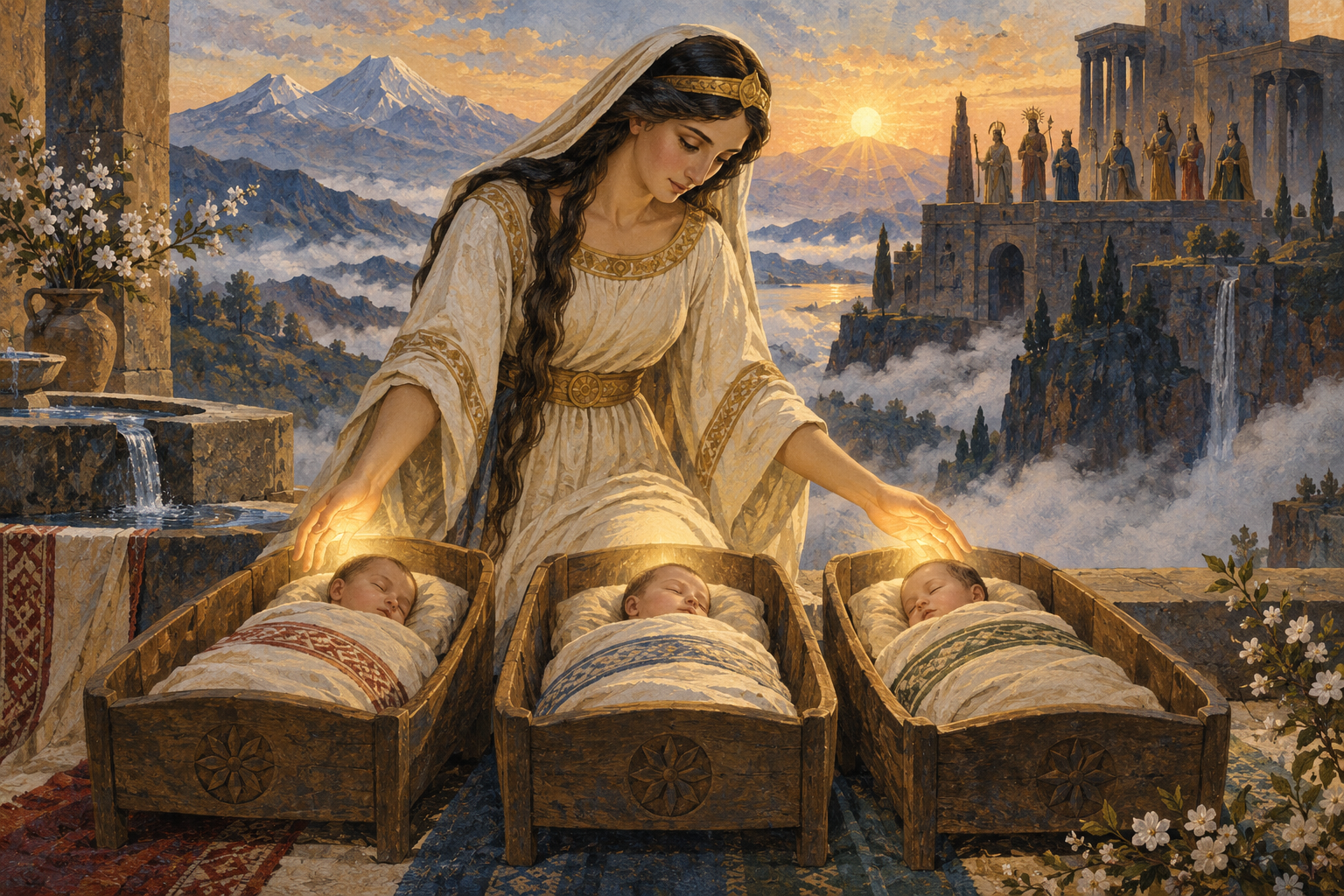 Anahit blessing three newborn children, with the Armenian gods gathered at a heavenly palace in the distance.