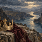 Illustration of a golden crown and burgundy cloak above a rocky river gorge, inspired by the legend of King Araks.
