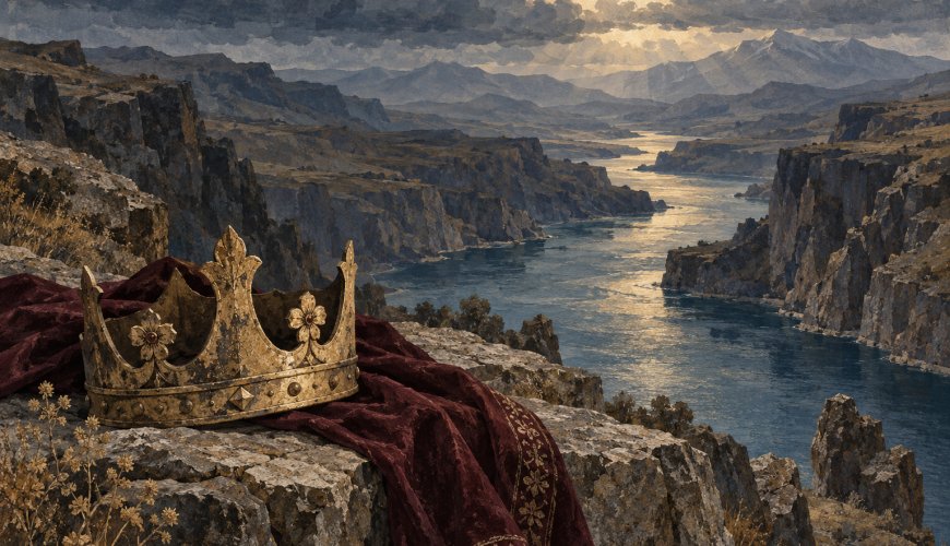 Illustration of a golden crown and burgundy cloak above a rocky river gorge, inspired by the legend of King Araks.