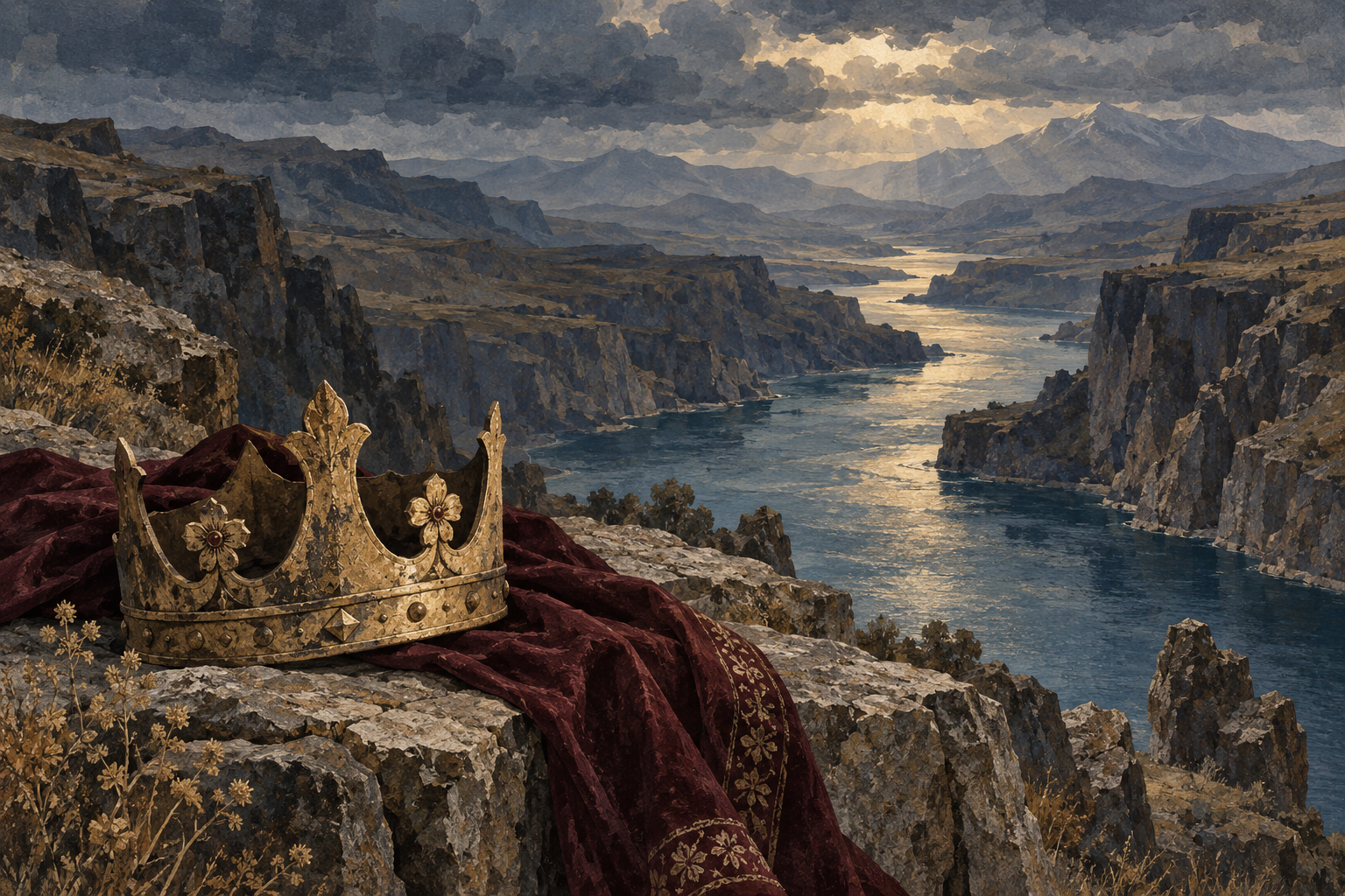 Illustration of a golden crown and burgundy cloak above a rocky river gorge, inspired by the legend of King Araks.