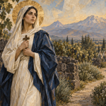 Illustration of Saint Hripsime holding a wooden cross in a garden, with her companions and Armenian mountains in the background.