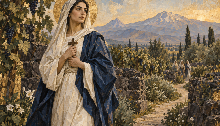 Illustration of Saint Hripsime holding a wooden cross in a garden, with her companions and Armenian mountains in the background.