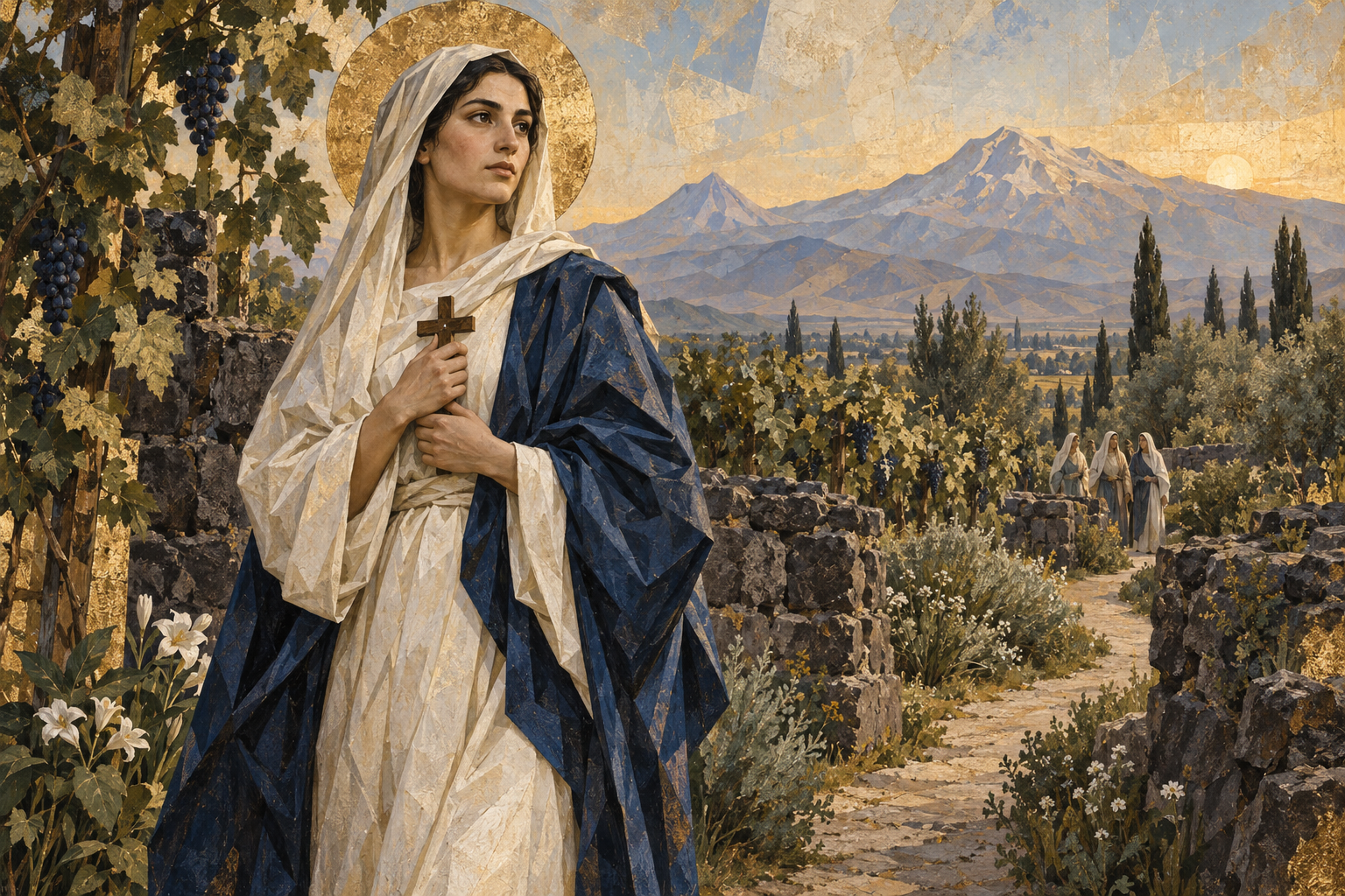 Illustration of Saint Hripsime holding a wooden cross in a garden, with her companions and Armenian mountains in the background.