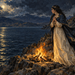 Illustration of Princess Tamar beside a fire on Akhtamar Island, watching her beloved swim across Lake Van at night.
