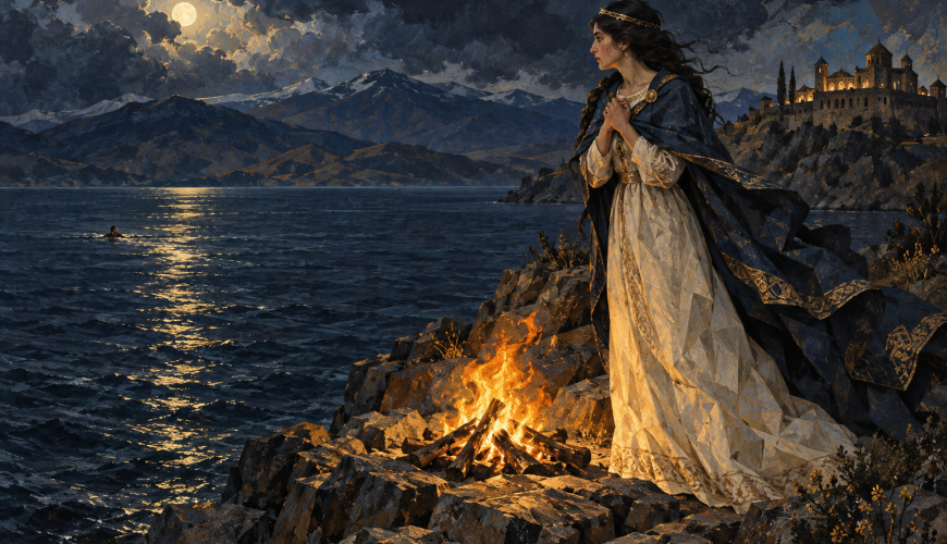 Illustration of Princess Tamar beside a fire on Akhtamar Island, watching her beloved swim across Lake Van at night.