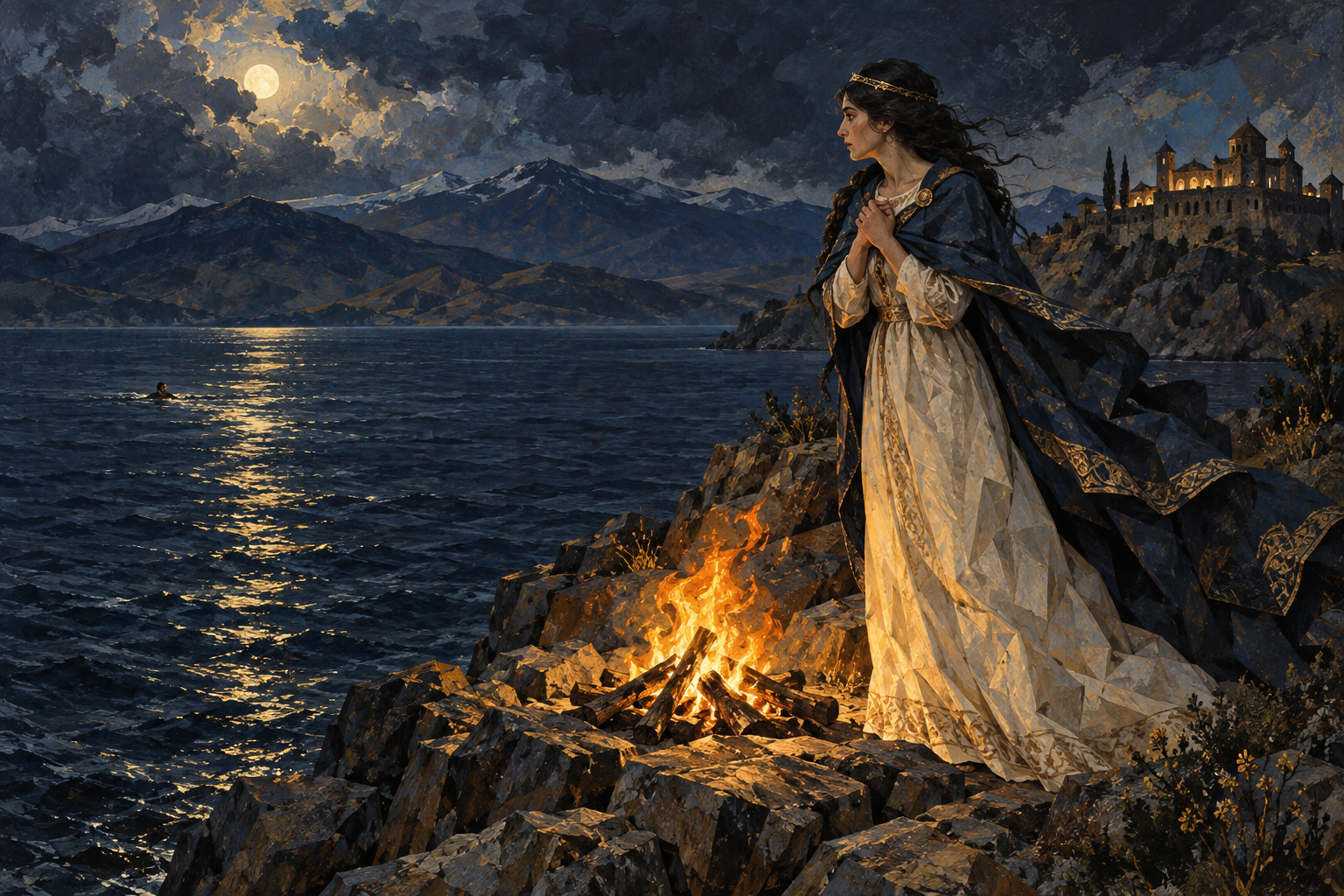 Illustration of Princess Tamar beside a fire on Akhtamar Island, watching her beloved swim across Lake Van at night.