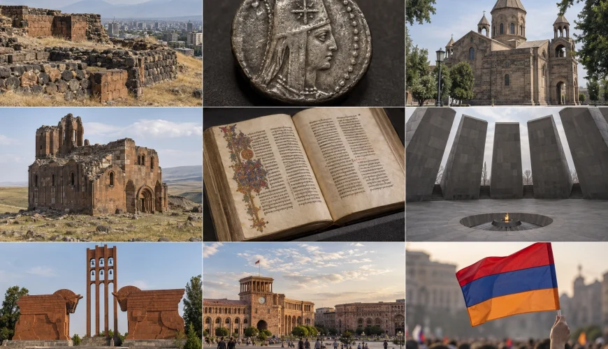 Weathered stone walls and dry grass on a hillside overlooking the buildings of Yerevan.