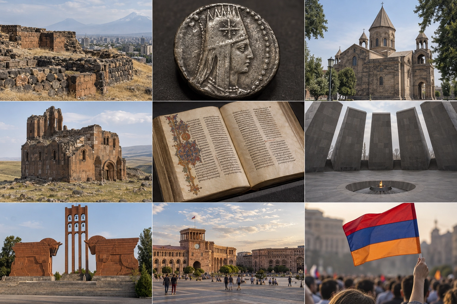 Weathered stone walls and dry grass on a hillside overlooking the buildings of Yerevan.