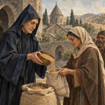 Illustration of Mkhitar Gosh measuring grain with a wooden bowl for villagers in a medieval Armenian monastery courtyard.
