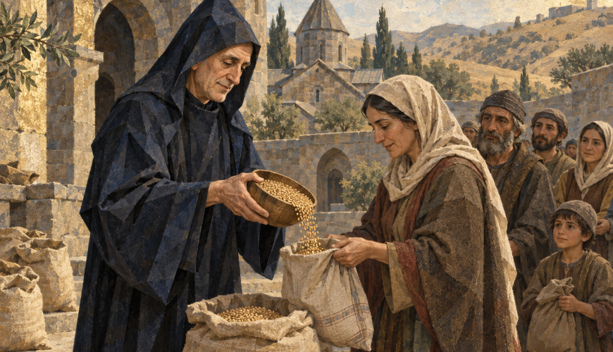 Illustration of Mkhitar Gosh measuring grain with a wooden bowl for villagers in a medieval Armenian monastery courtyard.