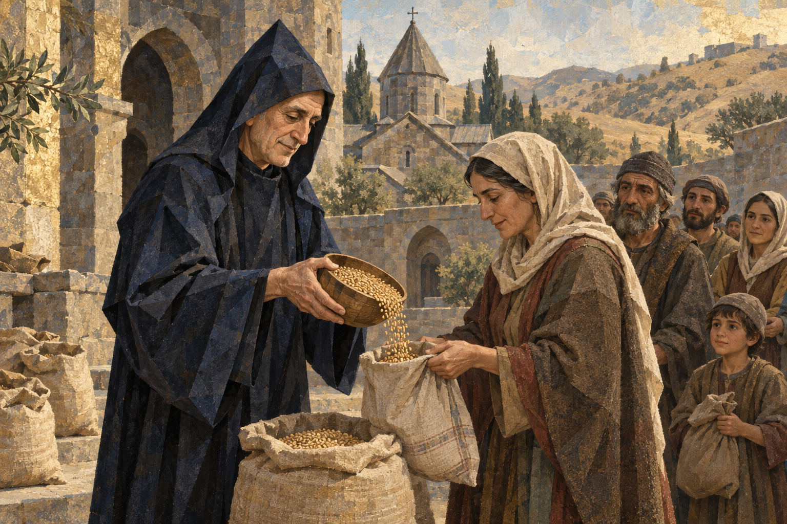 Illustration of Mkhitar Gosh measuring grain with a wooden bowl for villagers in a medieval Armenian monastery courtyard.